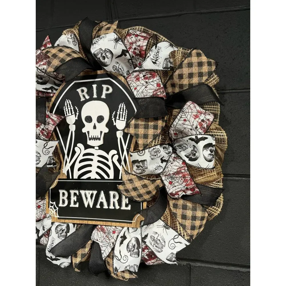 Halloween Wreath~Rustic Brown, Black, White Skeletons~Large~Front Door~Handmade